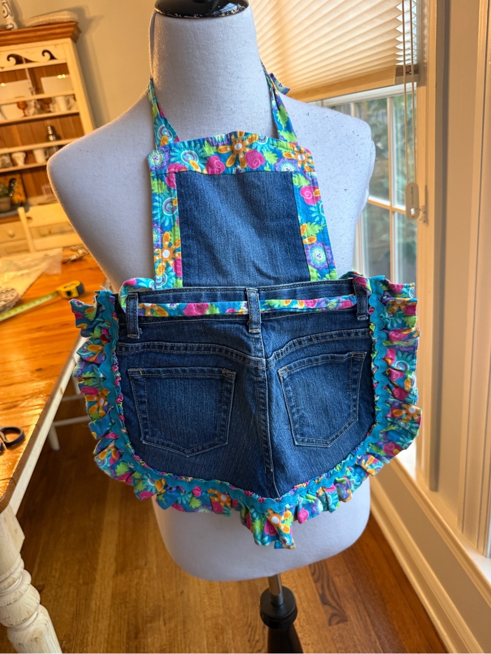 Handmade Upcycled Child’s Denim Jeans Apron Floral Ruffle Cottagecore Adjustable